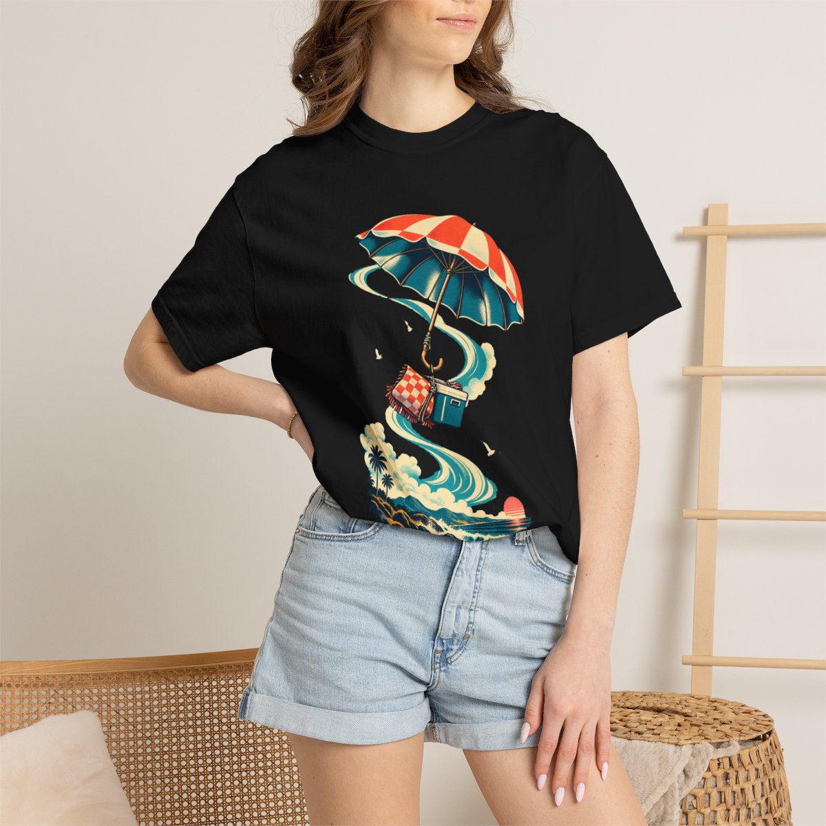 Umbrella Lift Tee worn Printify context view on a Black Comfort Colors 1717 tee