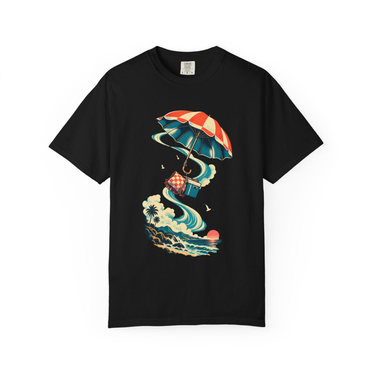 Umbrella Lift Tee large front print on a Black Comfort Colors 1717 tee