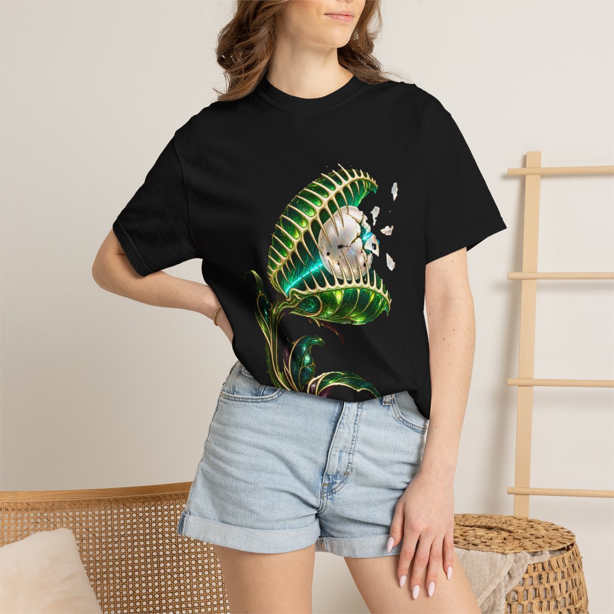 Pearl Trap Tee worn Printify context view on a Black Comfort Colors 1717 tee