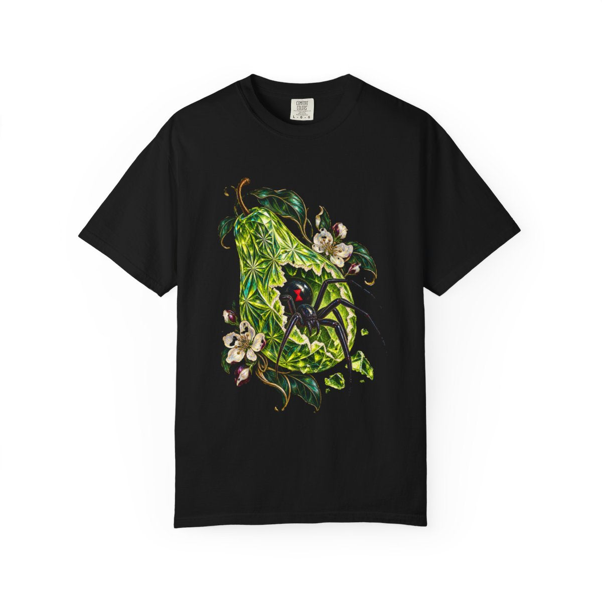 Spider Pear Tee large front print on a Black Comfort Colors 1717 tee