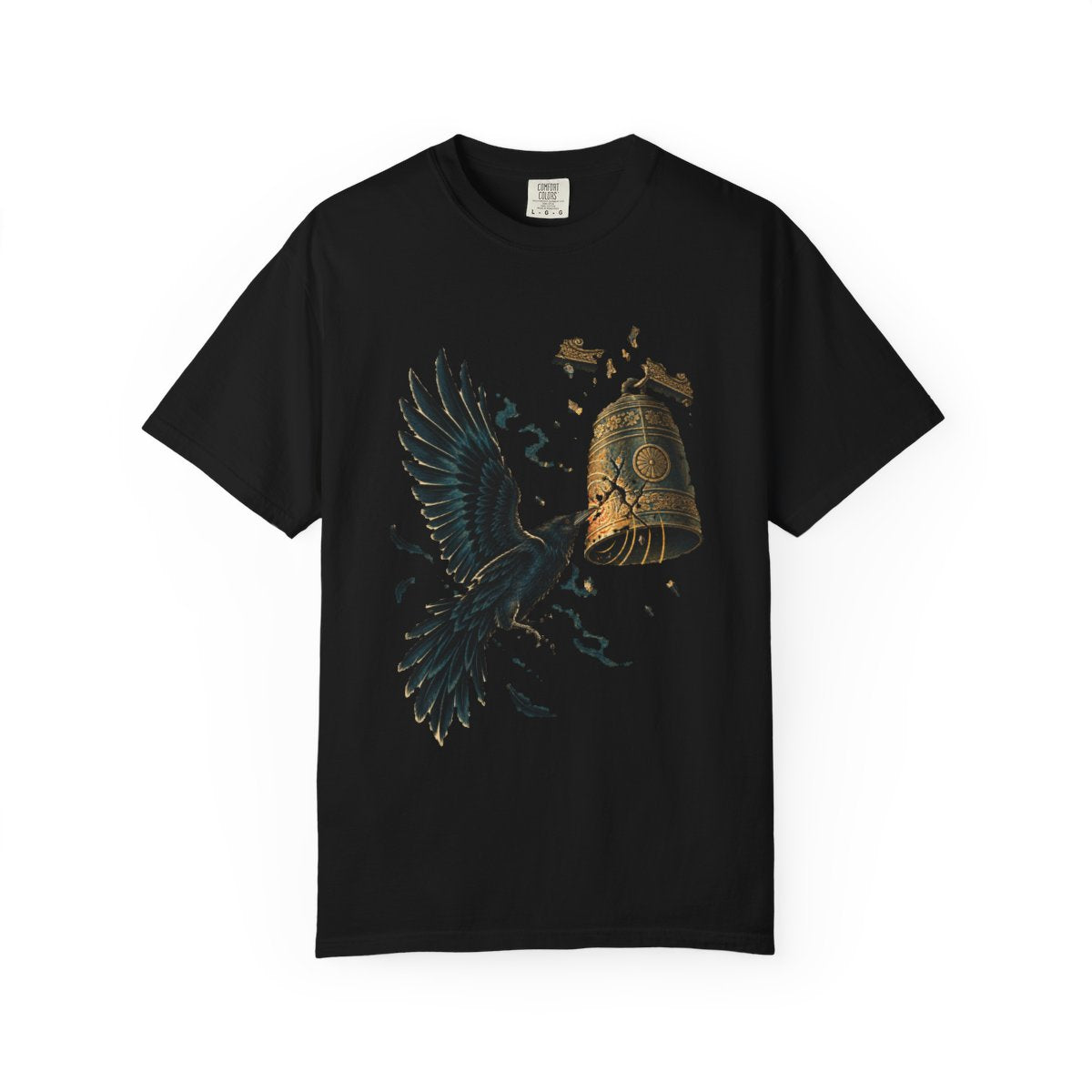 Bell Raven Tee large front print on a Black Comfort Colors 1717 tee