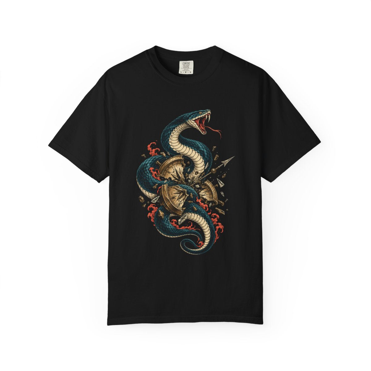 Broken Compass Tee large front print on a Black Comfort Colors 1717 tee