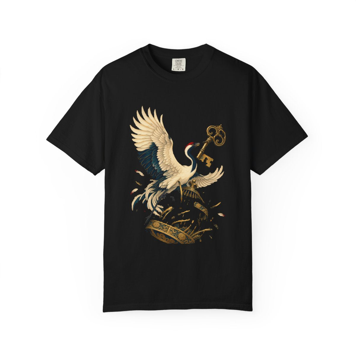 Crane and Key Tee large front print on a Black Comfort Colors 1717 tee