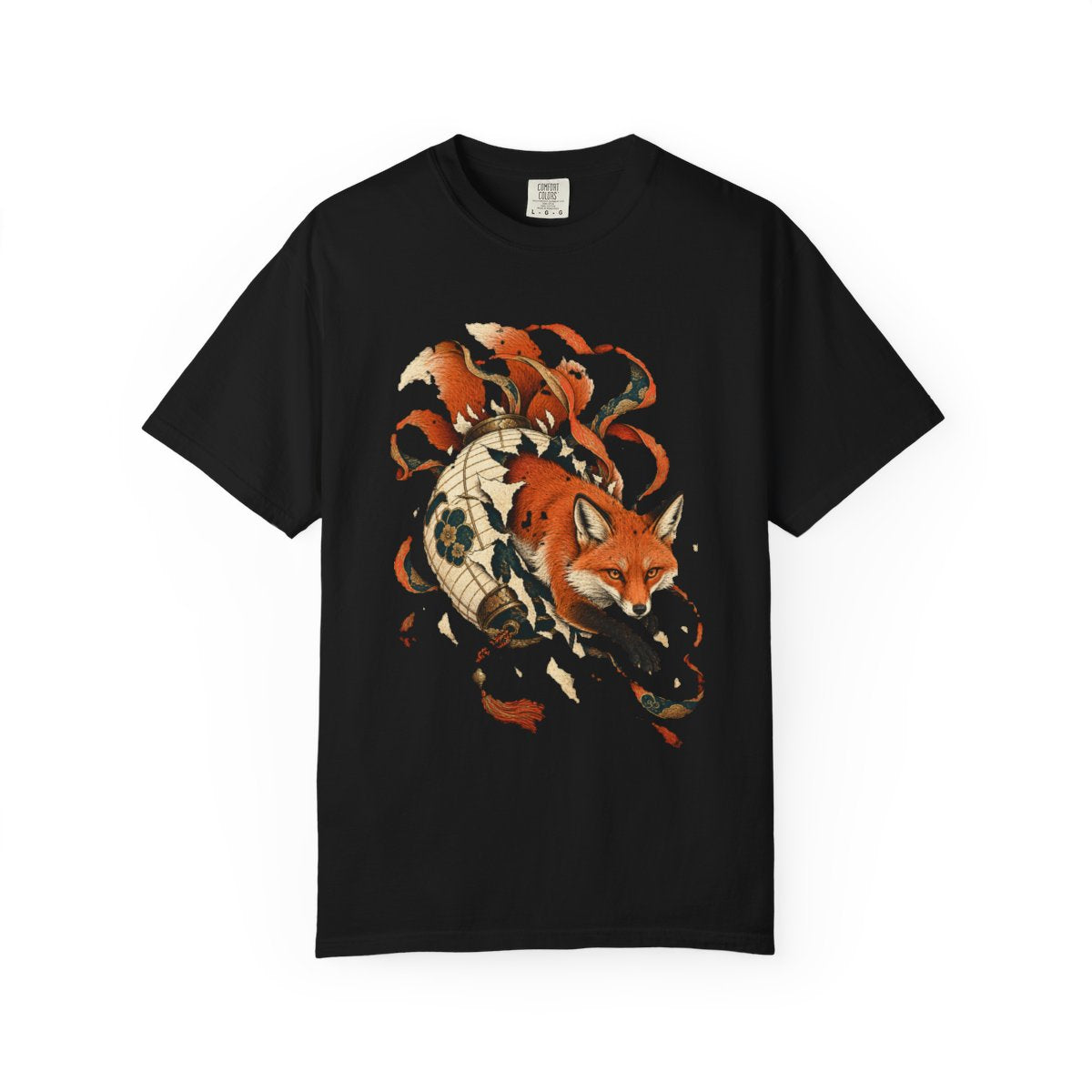 Fox Lantern Tee large front print on a Black Comfort Colors 1717 tee