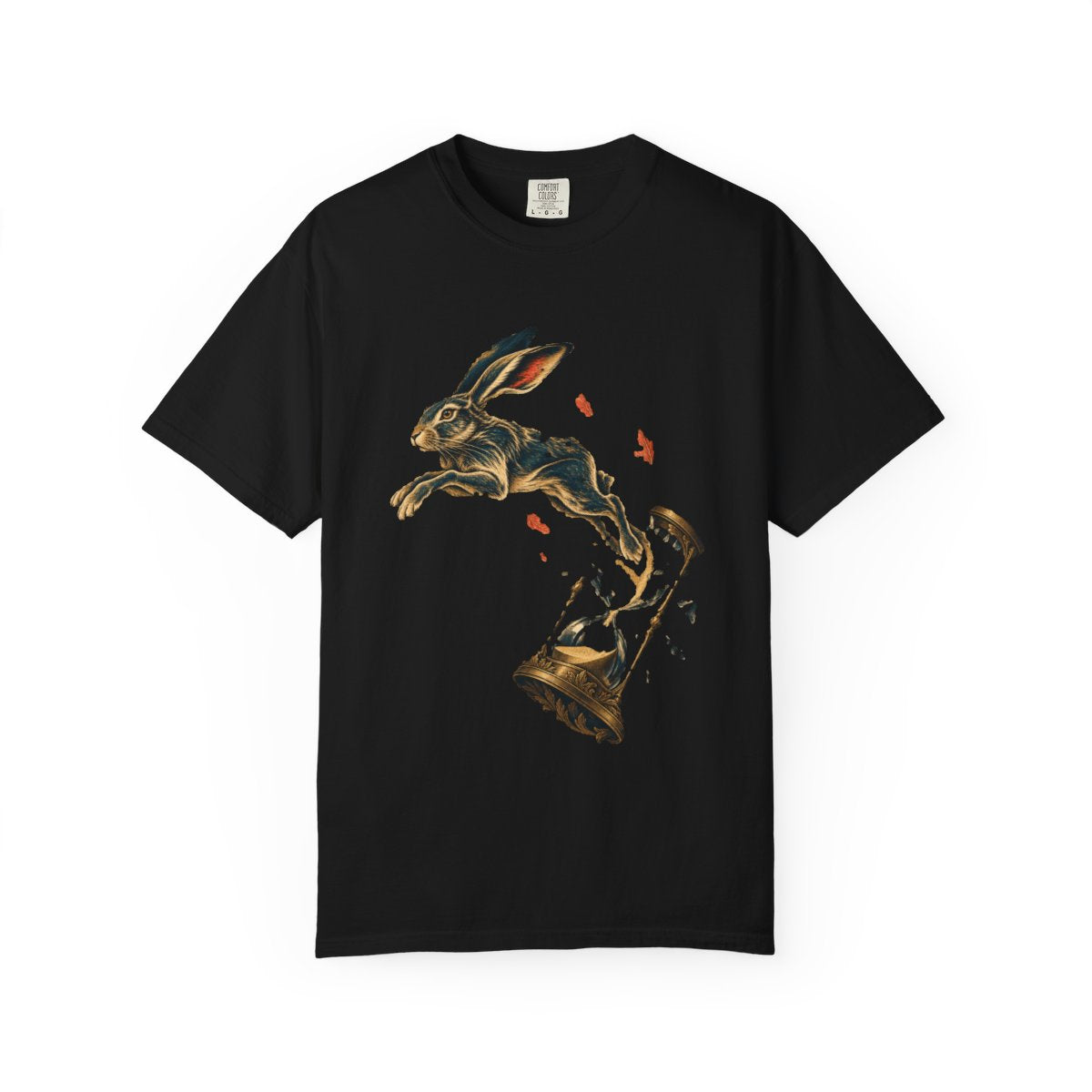 Hourglass Hare Tee large front print on a Black Comfort Colors 1717 tee