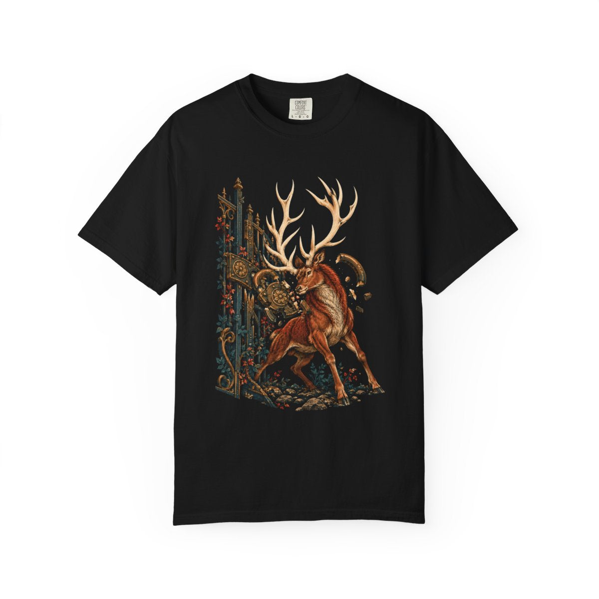 Stag Unlocked Tee large front print on a Black Comfort Colors 1717 tee