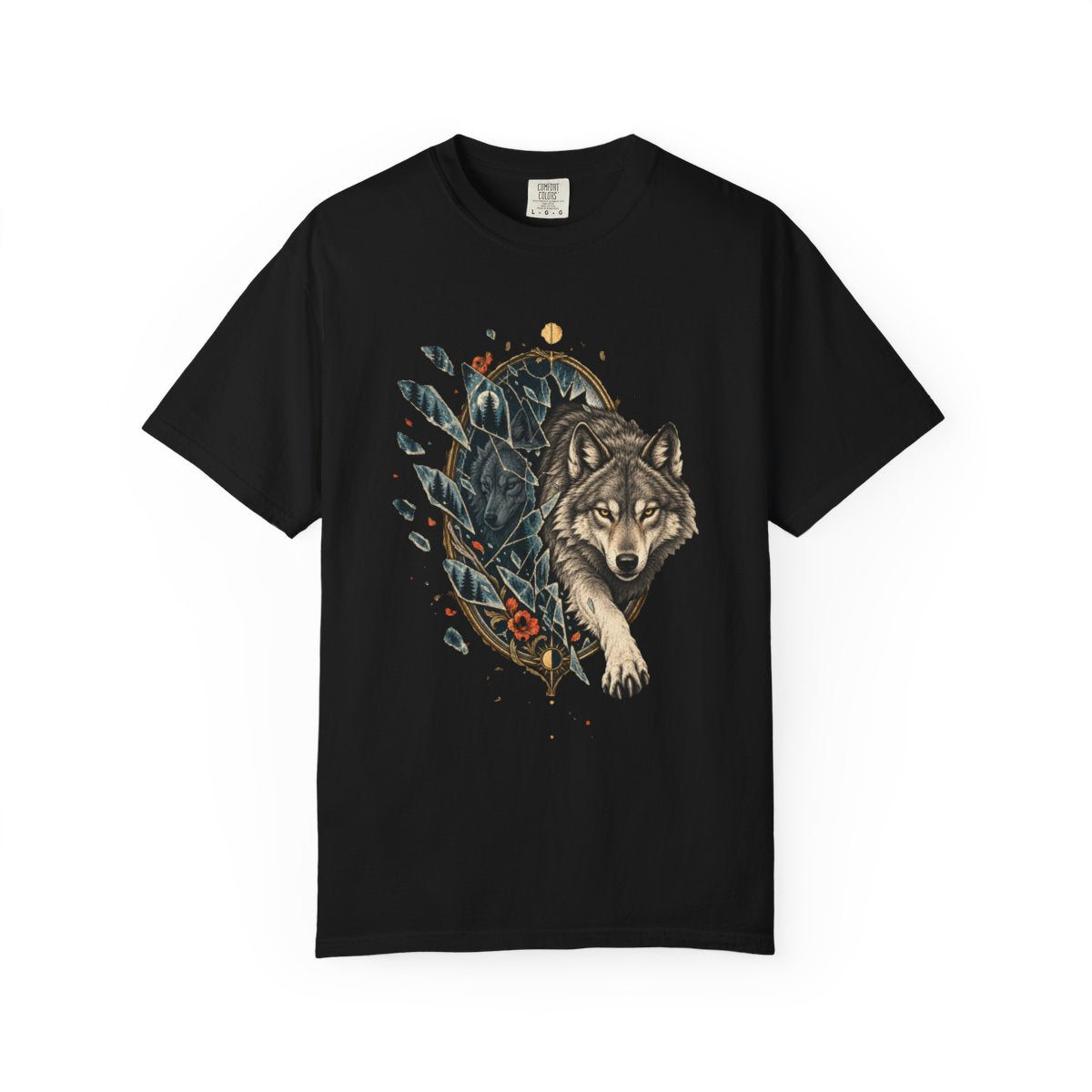 Wolf in Glass Tee large front print on a Black Comfort Colors 1717 tee