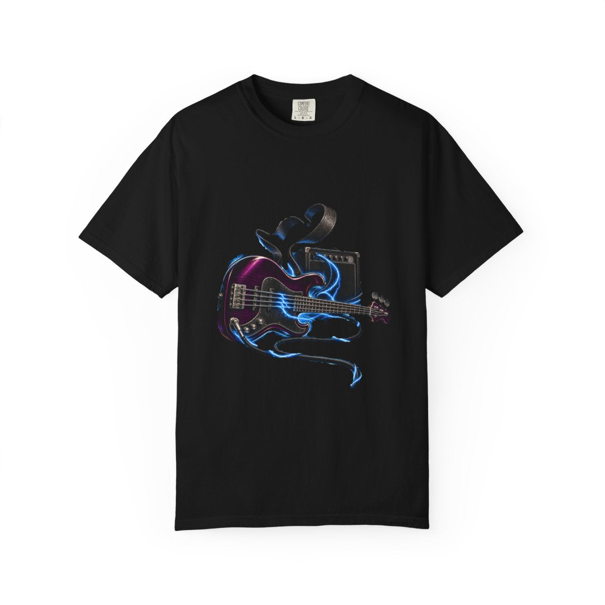 Bass Voltage Tee large front print on a Black Comfort Colors 1717 tee