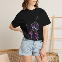 Cello Cut Tee worn Printify context view on a Black Comfort Colors 1717 tee
