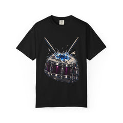 Drum Strike Tee large front print on a Black Comfort Colors 1717 tee