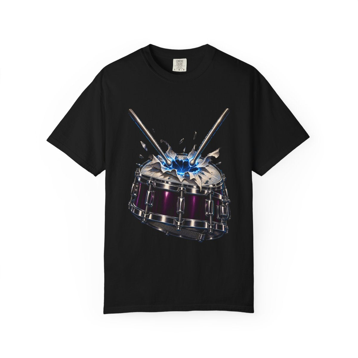 Drum Strike Tee large front print on a Black Comfort Colors 1717 tee