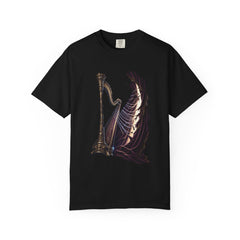 Harp Unbound Tee large front print on a Black Comfort Colors 1717 tee