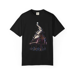 Piano Uprising Tee large front print on a Black Comfort Colors 1717 tee