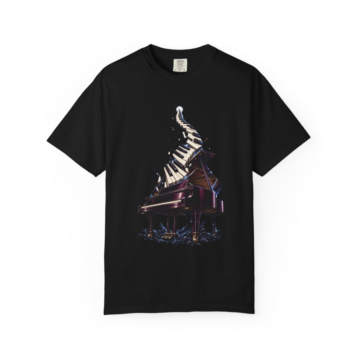 Piano Uprising Tee large front print on a Black Comfort Colors 1717 tee
