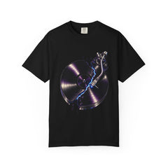 Record Split Tee large front print on a Black Comfort Colors 1717 tee
