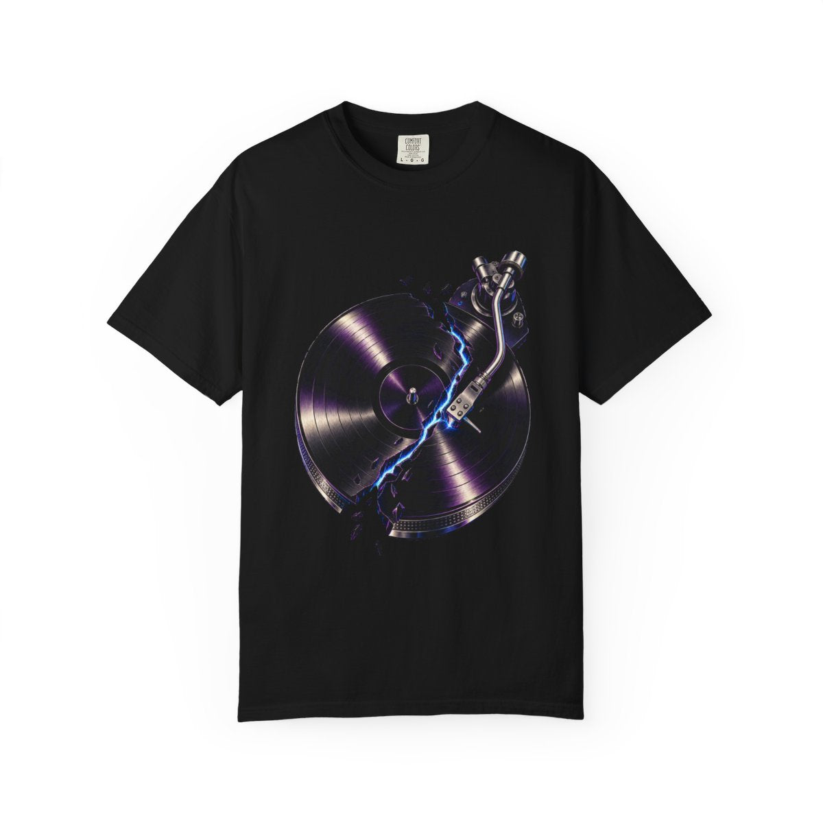 Record Split Tee large front print on a Black Comfort Colors 1717 tee