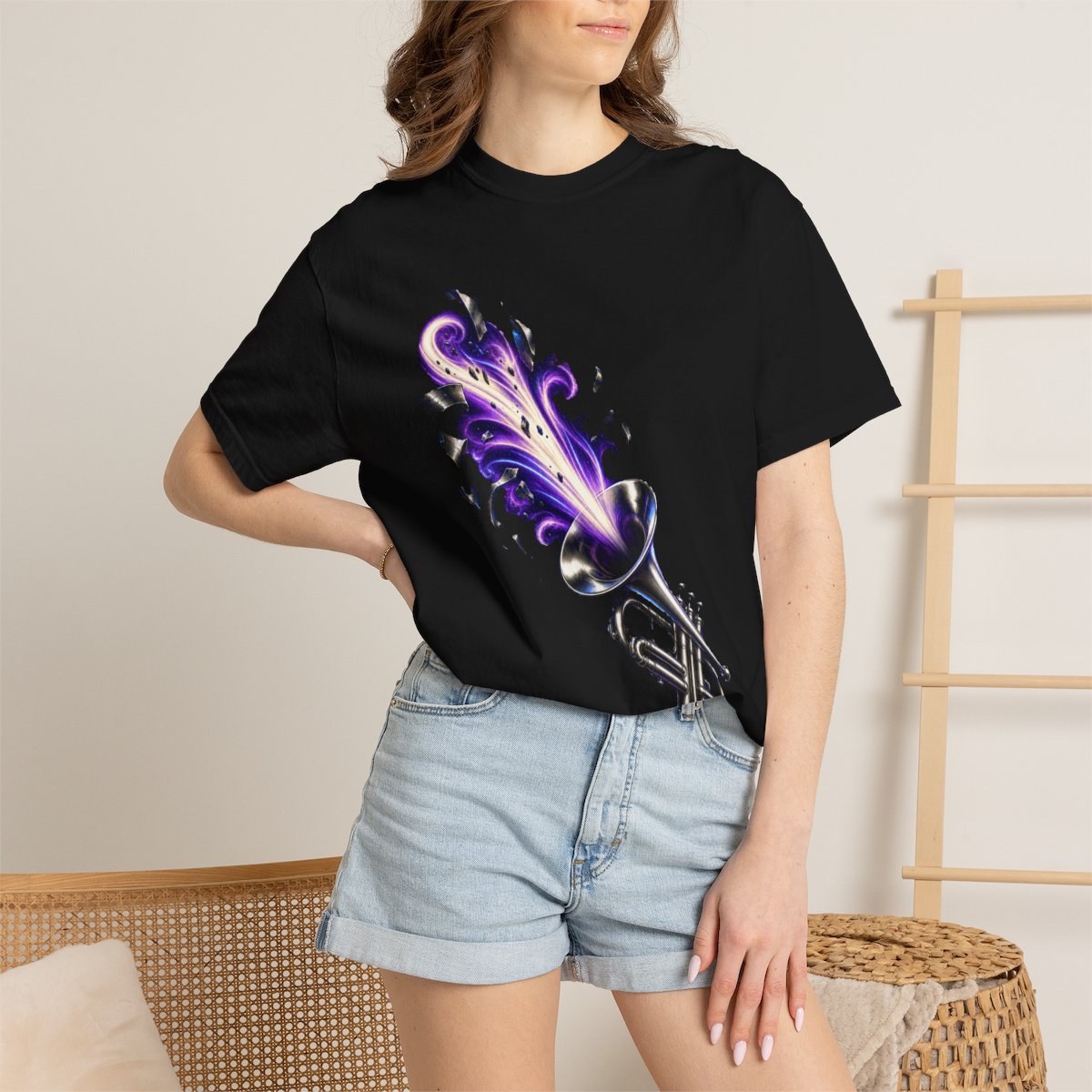 Trumpet Charge Tee worn Printify context view on a Black Comfort Colors 1717 tee