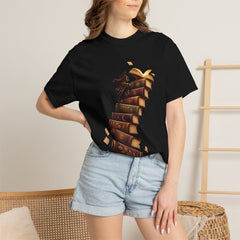 Escape the Stacks Tee worn Printify context view on a Black Comfort Colors 1717 tee