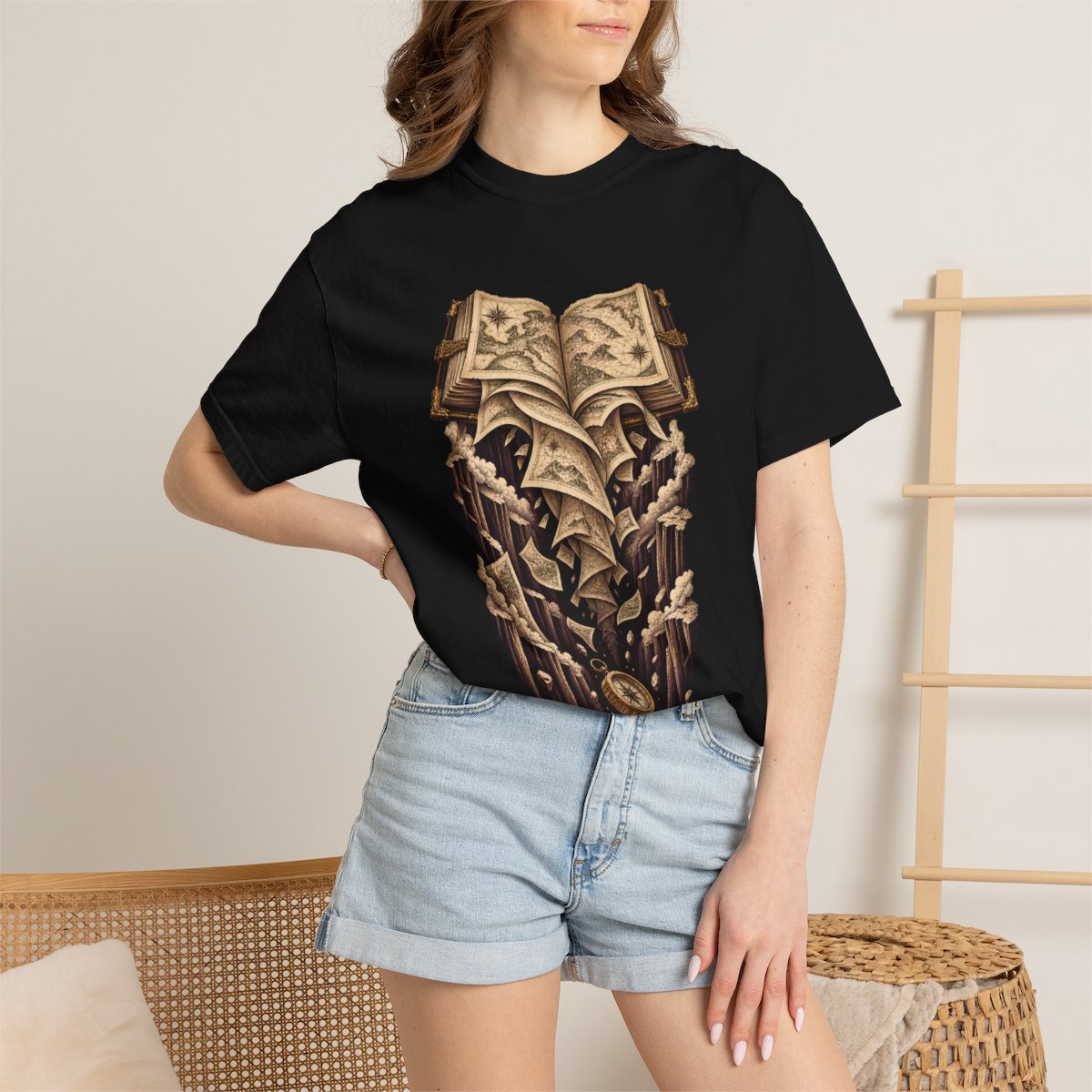 Falling Atlas Tee worn Printify context view on a Black Comfort Colors 1717 tee