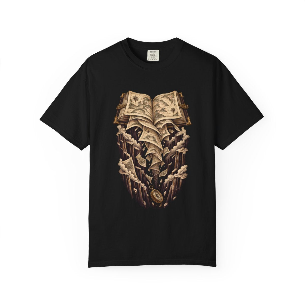 Falling Atlas Tee large front print on a Black Comfort Colors 1717 tee
