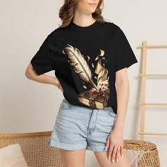 Quill Strike Tee worn Printify context view on a Black Comfort Colors 1717 tee