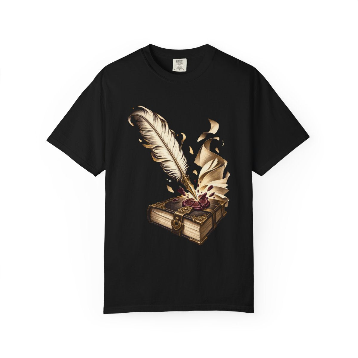 Quill Strike Tee large front print on a Black Comfort Colors 1717 tee