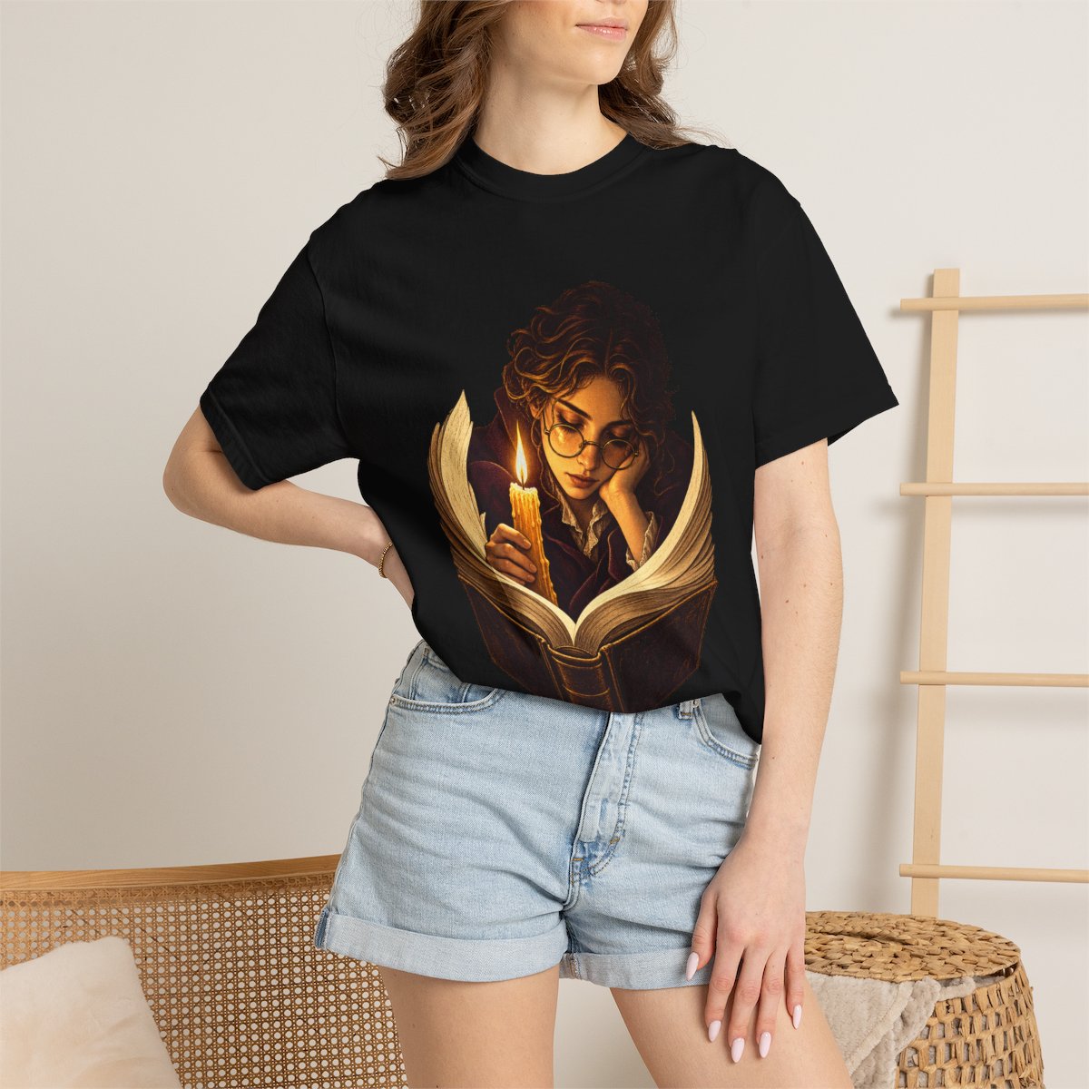 Read by Candle Tee worn Printify context view on a Black Comfort Colors 1717 tee