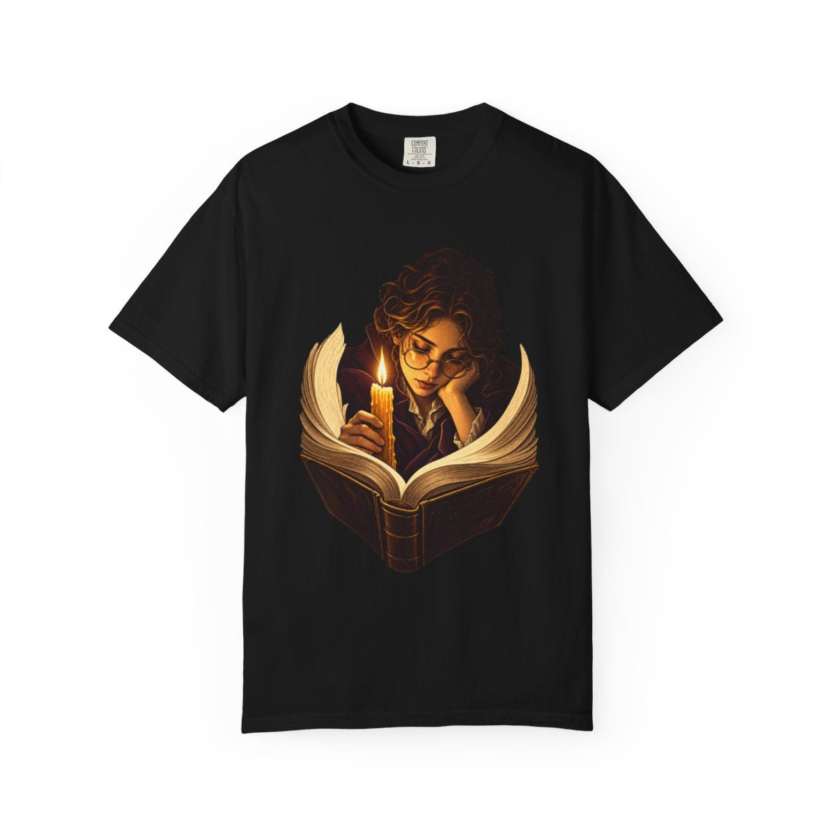 Read by Candle Tee large front print on a Black Comfort Colors 1717 tee
