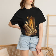 The Book Door Tee worn Printify context view on a Black Comfort Colors 1717 tee