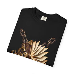The Unlocked Book Tee folded front print detail