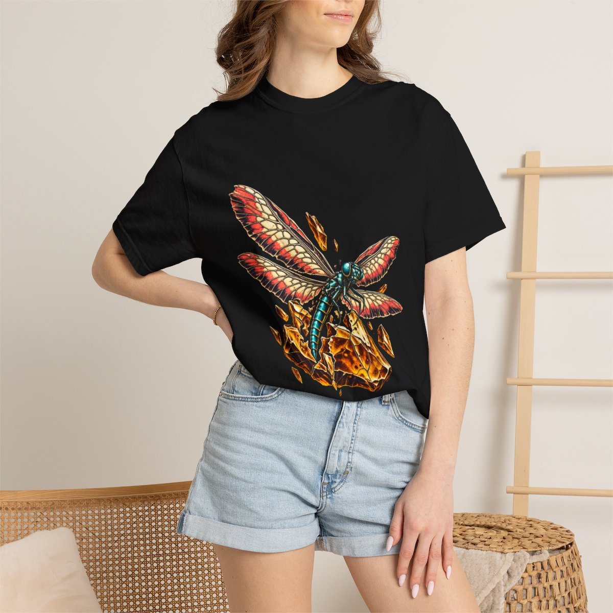 Amber Wing Tee worn Printify context view on a Black Comfort Colors 1717 tee