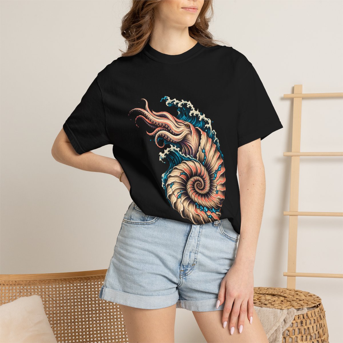 Ammonite Surge Tee worn Printify context view on a Black Comfort Colors 1717 tee