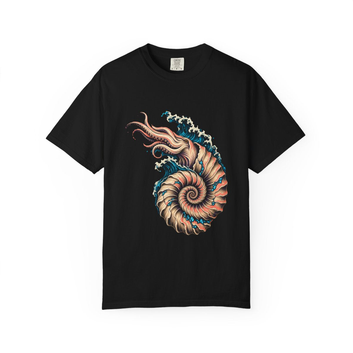 Ammonite Surge Tee large front print on a Black Comfort Colors 1717 tee