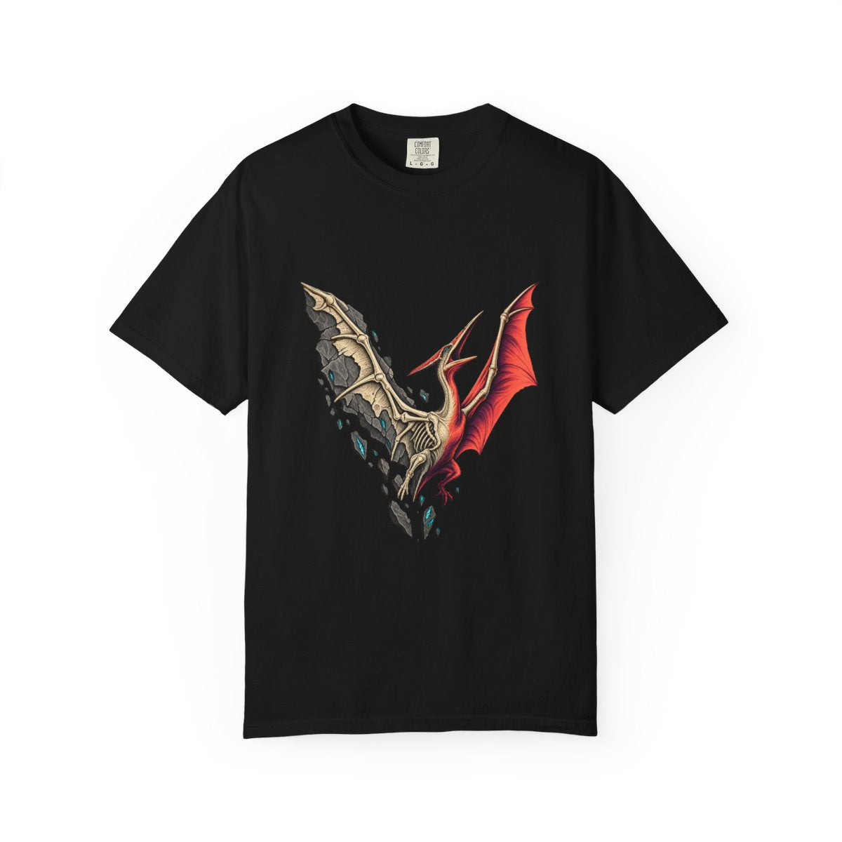 Fossil Flight Tee large front print on a Black Comfort Colors 1717 tee