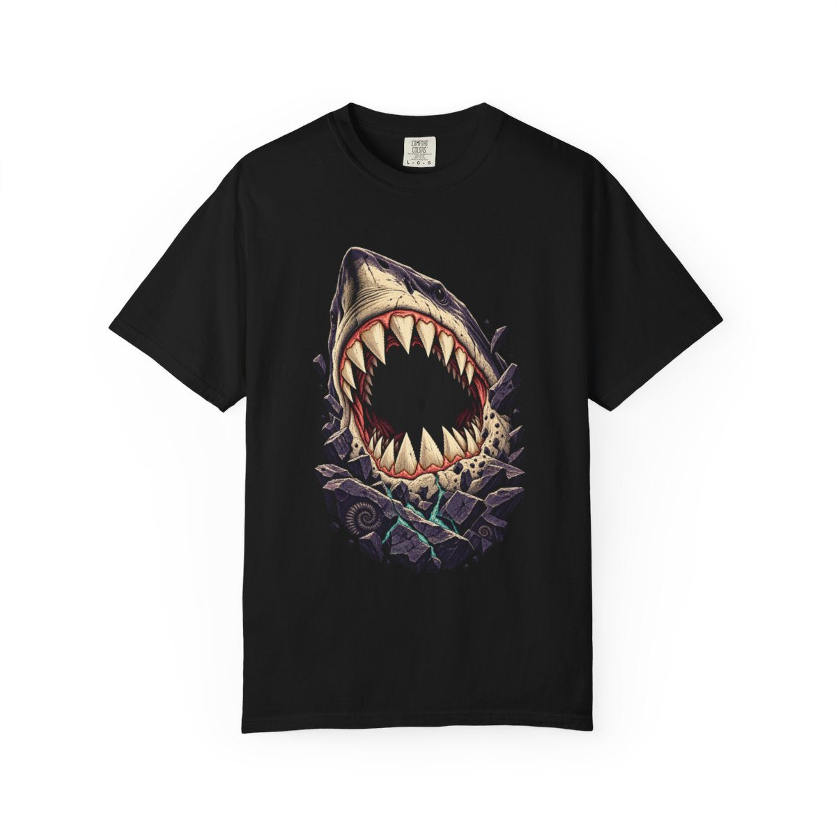 Megalodon Bite Tee large front print on a Black Comfort Colors 1717 tee
