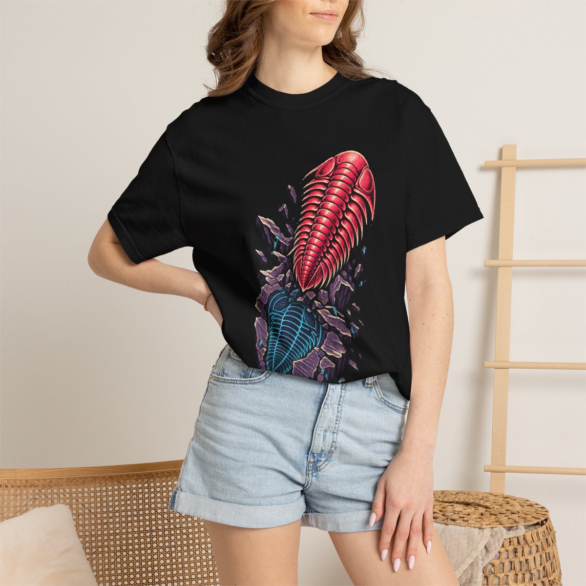 Trilobite Rising Tee worn Printify context view on a Black Comfort Colors 1717 tee