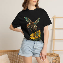 Hornet Harvest Tee worn Printify context view on a Black Comfort Colors 1717 tee