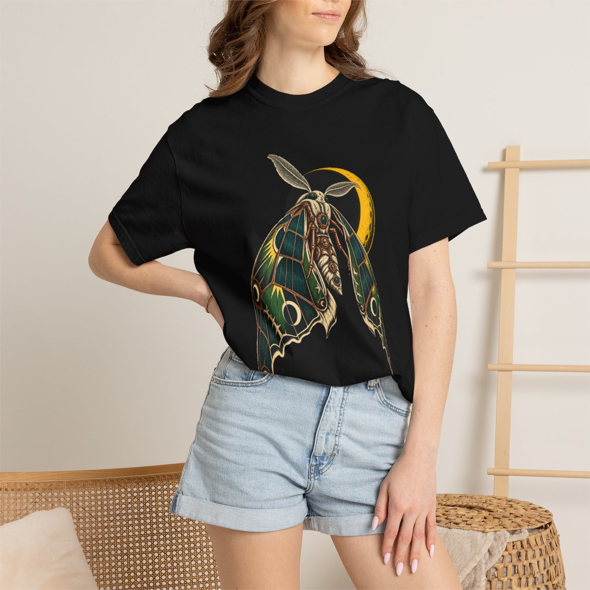 Moth Eclipse Tee worn Printify context view on a Black Comfort Colors 1717 tee
