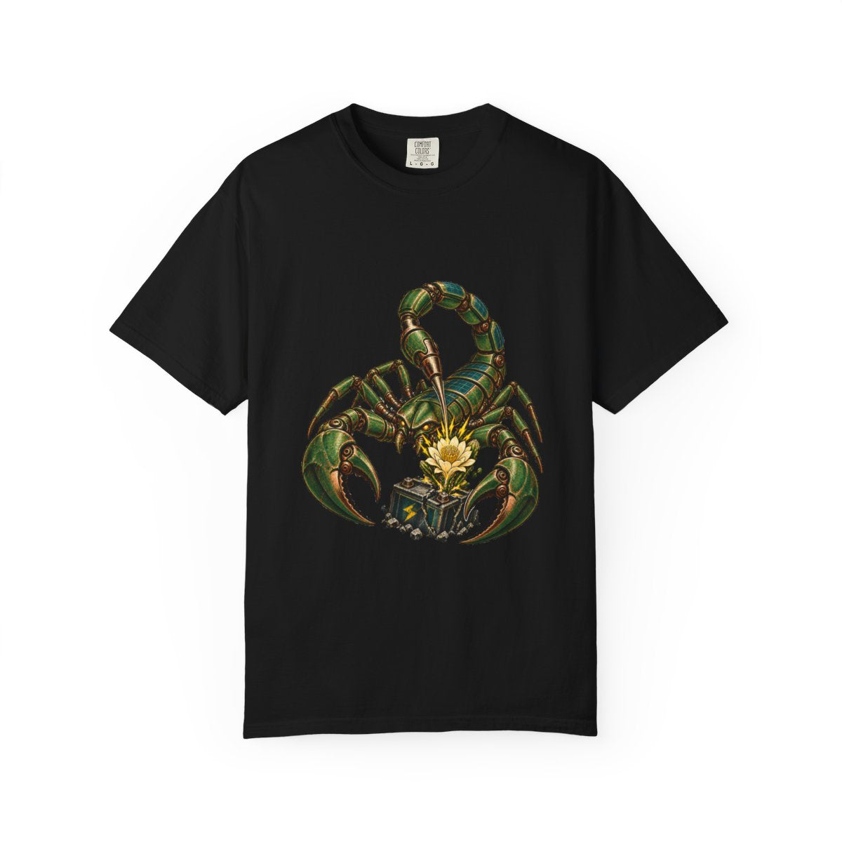 Scorpion Fuse Tee large front print on a Black Comfort Colors 1717 tee