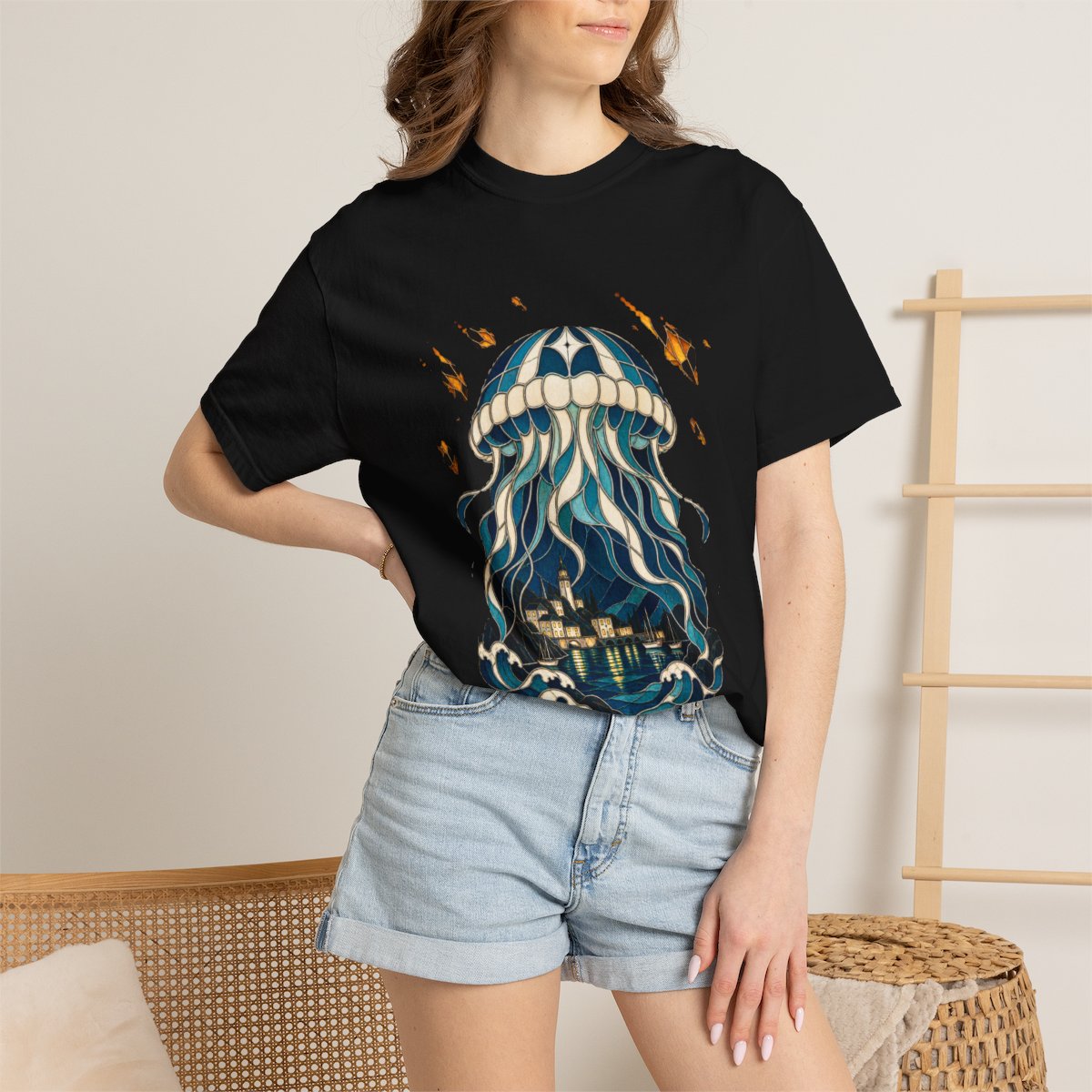 Jellyfish Haven Tee worn Printify context view on a Black Comfort Colors 1717 tee