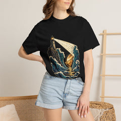 Lighthouse Rift Tee worn Printify context view on a Black Comfort Colors 1717 tee