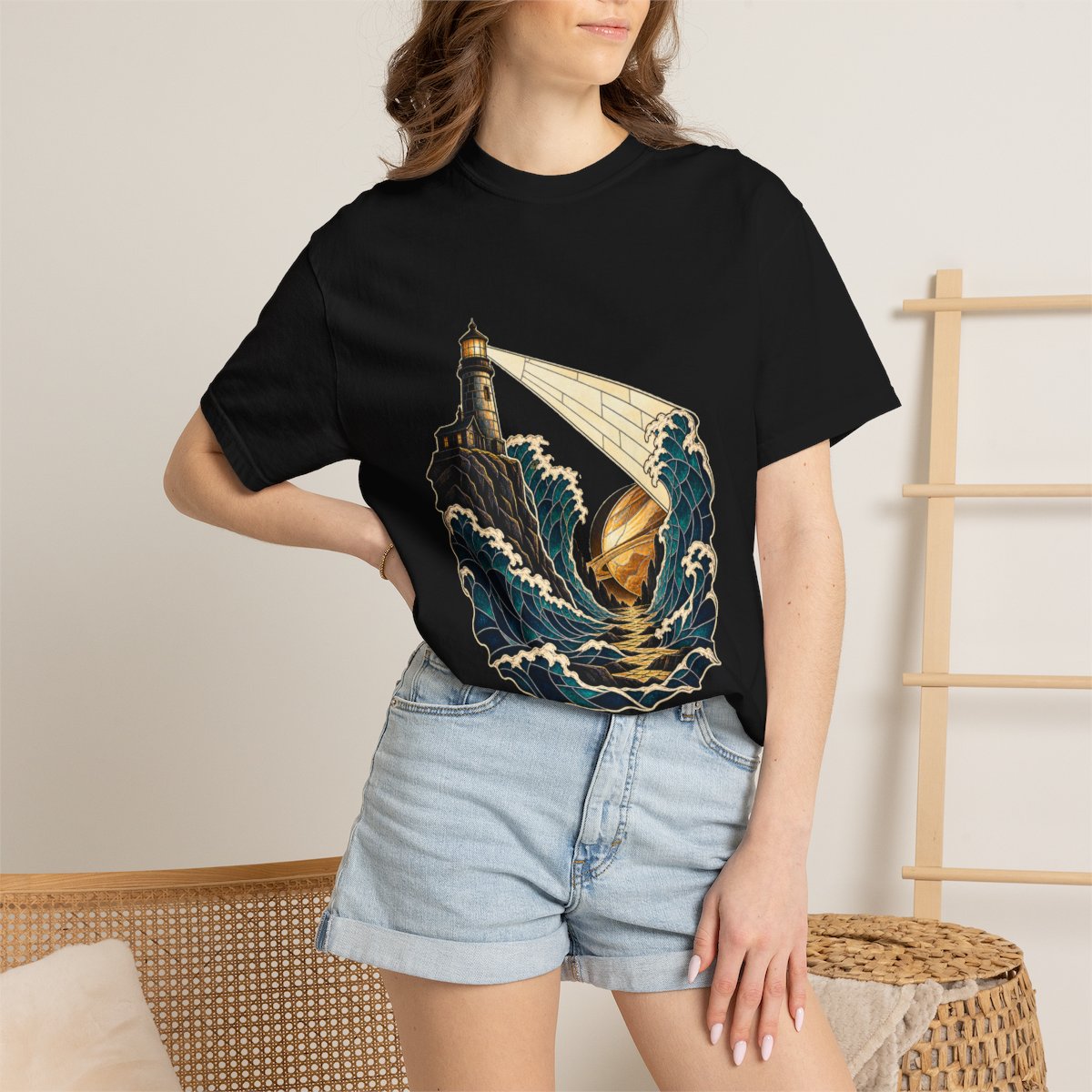 Lighthouse Rift Tee worn Printify context view on a Black Comfort Colors 1717 tee