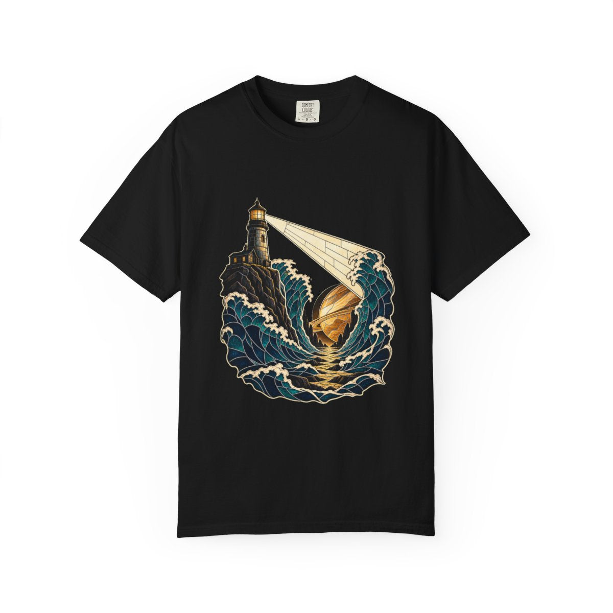 Lighthouse Rift Tee large front print on a Black Comfort Colors 1717 tee