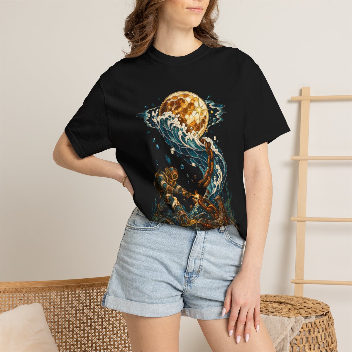 Moon Unchained Tee worn Printify context view on a Black Comfort Colors 1717 tee