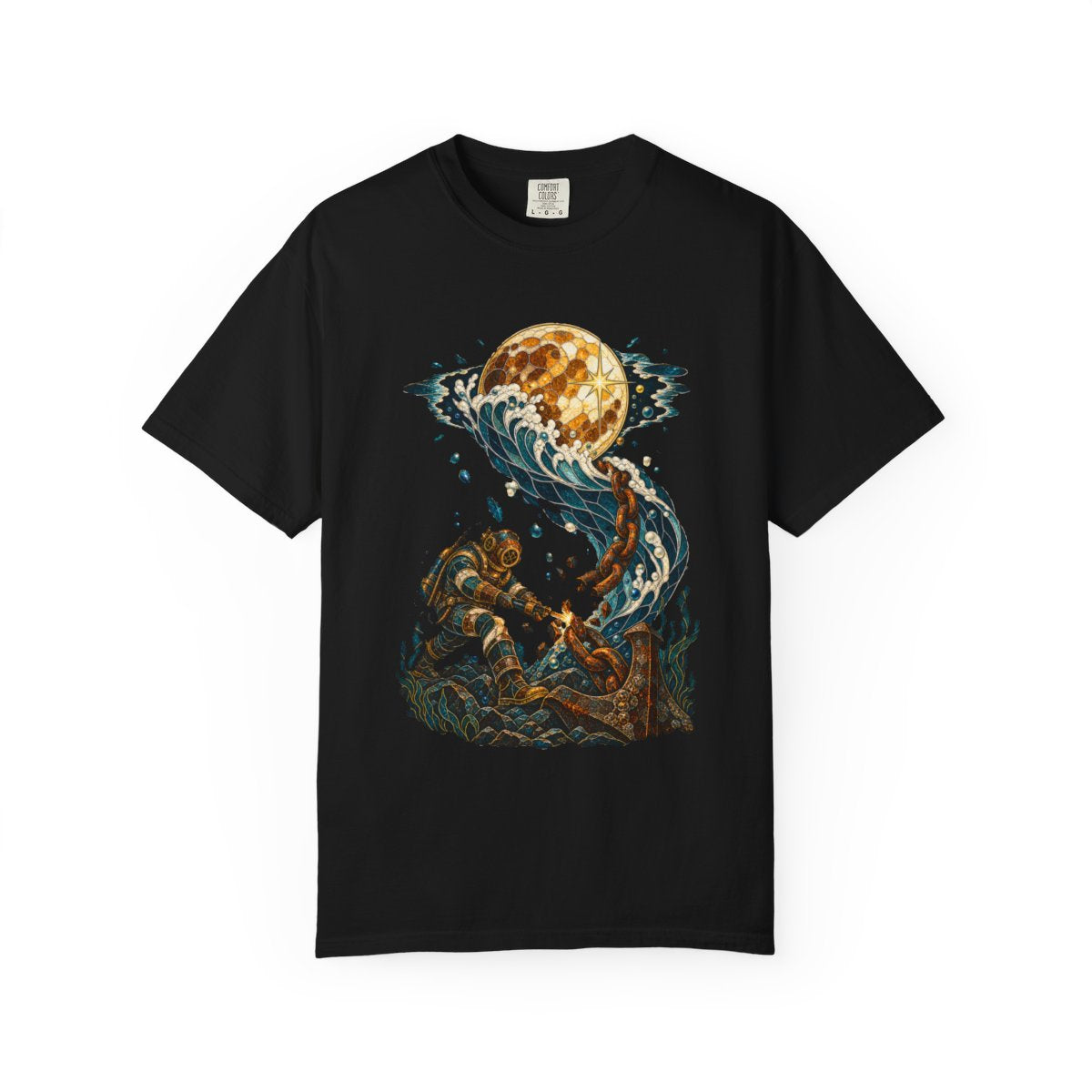 Moon Unchained Tee large front print on a Black Comfort Colors 1717 tee