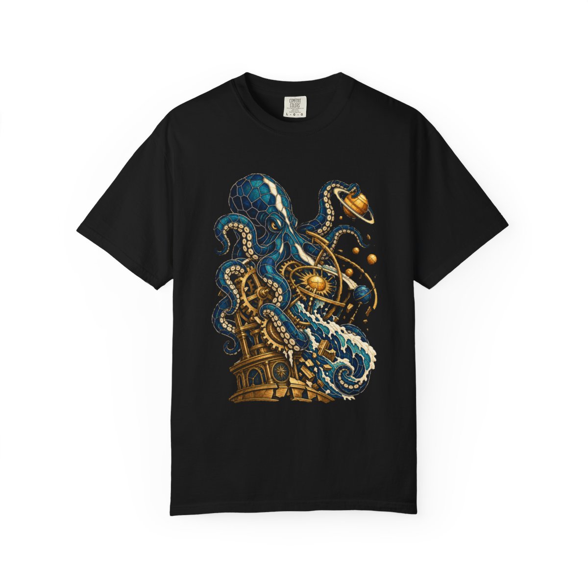 Octopus Orrery Tee large front print on a Black Comfort Colors 1717 tee