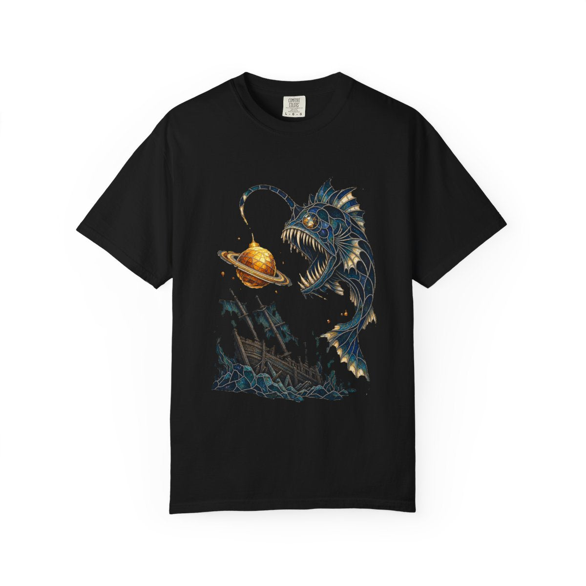 Planet Lure Tee large front print on a Black Comfort Colors 1717 tee
