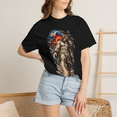Atlas Refusal Monument Front Print Tee worn Printify context view on a Black Comfort Colors 1717 tee