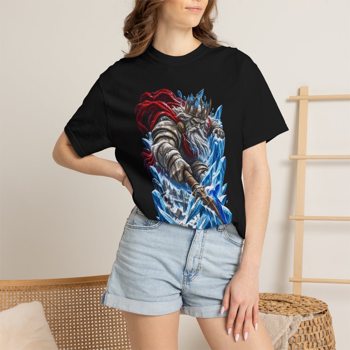 Glacier King Monument Front Print Tee worn Printify context view on a Black Comfort Colors 1717 tee