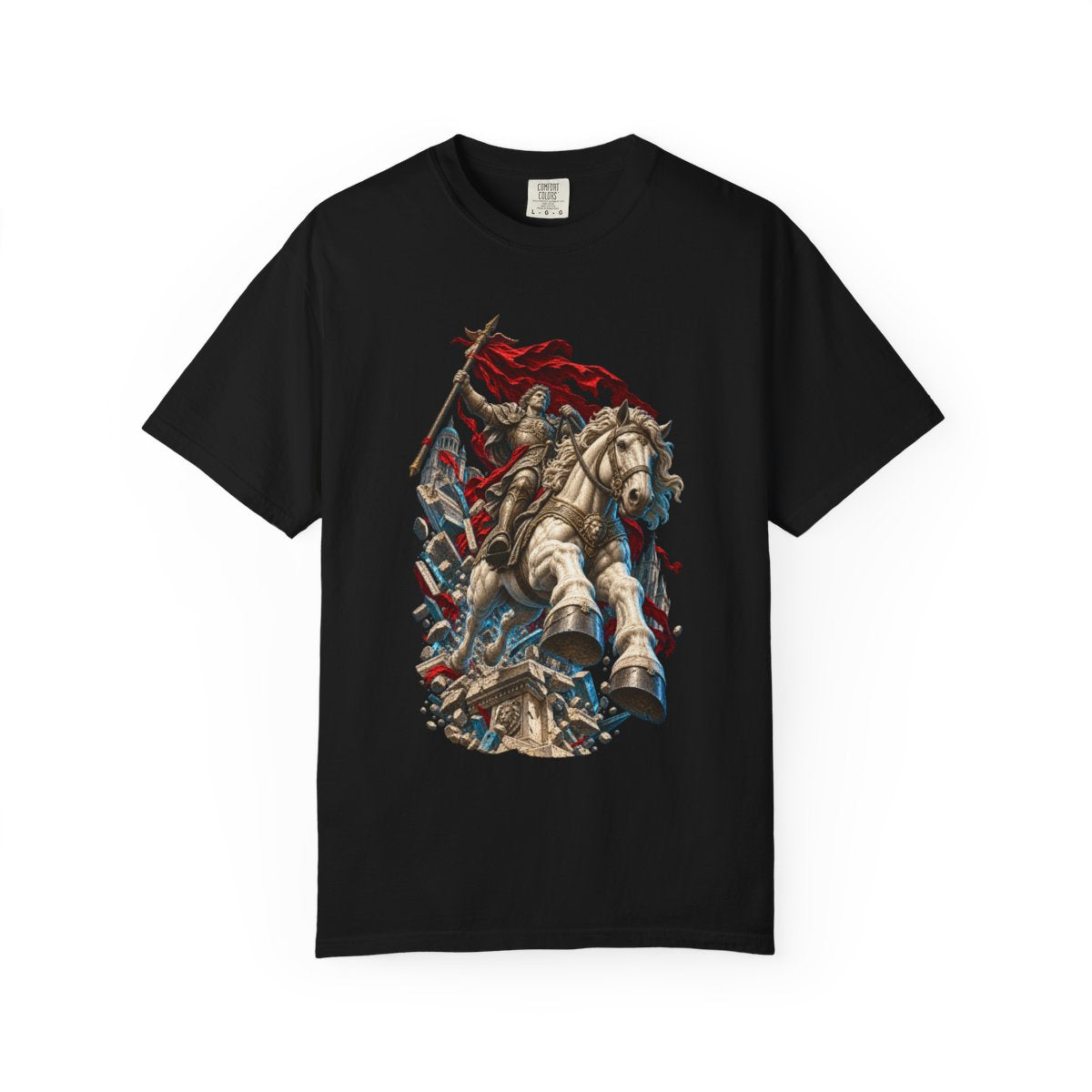 Stone Cavalry Monument Front Print Tee large front print on a Black Comfort Colors 1717 tee